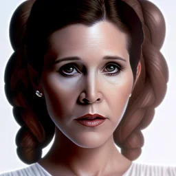 zoomed out stunning photo realistic portrait of carrie fisher as Princess Leia in star wars with photo realistic fine and simple hairstyle, brown eyes, macro lens blur, eos5d mark 4, ef 85mm 5.6, professional majestic photo realistic painting by Ed Blinkey, Atey Ghailan, by Jeremy Mann, Greg Manchess, Antonio Moro, trending on ArtStation, Intricate, High Detail, Sharp focus, dramatic, by greg rutkowski, realism, beautiful and detailed lighting,