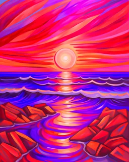 Create a painting in a figurative style of a sunset over the ocean, with a rocky dyke extending from the middle of the beach into the water. The sky is ablaze with warm tones of orange, pink, and purple, reflecting off the calm ocean surface.