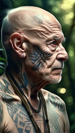 General, hyperrealistic, ultra HD shot of an old man with Mayan features, tribal tattoos, textured copper skin, elongated skull, tribal jewelry, large, Background of the figure in a jungle environment.