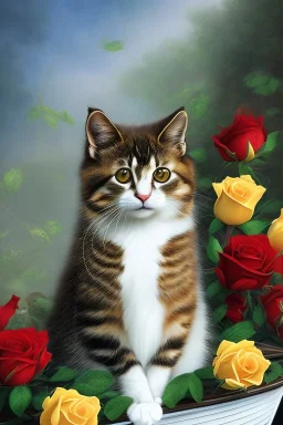 A young beautiful cat, portrait, is sitting in a boat, with a bunch of roses.