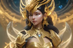  beautiful cosmic asiatic woman with bronze color skin, long hair, nice smiling, magic glamour make up, delicate colors, beautiful glamour galactique dress, ultra sharp focus, 8k, unreal engine 5, extremely sharp detail, light effect, soft light atmosphere of a spaceship, smooth, full of details, face in front, complete vision of face and hair and body