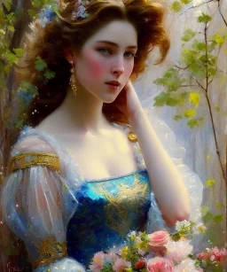 realist impressionist portrait of "The Curious Female" by Ross Tran rework. Masterpiece, best quality, painted impressionist brush strokes. paint drips and drabs and splatters by and by art nouveau and richard schmid . Paint spatters, drips, drabs, dynamic, artstation, artgerm