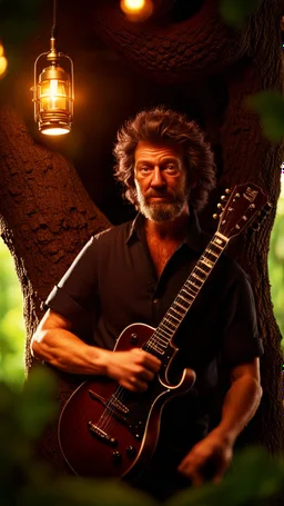 portrait of hairy rock guitar ninja sweet cucumber Ken living inside a tree house in a hollow huge tree growing light bulbs, singing into ornate studio mic,bokeh like f/0.8, tilt-shift lens 8k, high detail, smooth render, down-light, unreal engine, prize winning