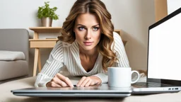 stockphoto about a woman a woman hiding under the bed and working on a laptop, she has half-length brown hair and wearing pajamas , pale light, half socks and a mug of coffee next to her, high detalied, sharp focus, high realistic photo, perfect shot