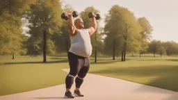 الصورة تُظهِر رجل يقوم بممارسة التمارين الرياضية في الهواء الطلق، حيث يرتدي ملابس رياضية ويمسك بالأوزان. تعكس الصورة التحفيز والتفاني في تحقيق نمط حياة صحي ومتوازن من خلال ممارسة النشاط البدني. تُجسِّد هذه الصورة أهمية الحفاظ على الوزن المثالي وتوجيه الجهود نحو الوقاية من السمنة والسرطان من خلال النشاط البدني اليومي.