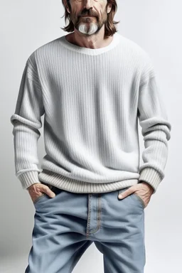 Man's wide leg light jeans and a half knitted jumper on a white t-shirt