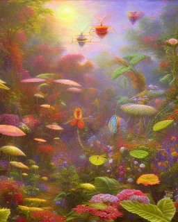 mystical venus fly trap, flowers, jungle, impressionism, daylight, trees in background, dragonfly,