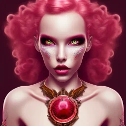 Beautiful, Fire witch, round face, pale skin, wild curly pink hair, red eyes, pink and red eyeshadow, pink glossy lips, wearing a pink witch, wearing a red crystal necklace