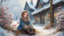 winter, (1girl ), (sitting:1.1), (medium full shot), children's storybook style, background (village), filigree, flowers, hyper-realistic painting, Jean-Baptiste Monge style, surrealistic, fantasy, digital art, wlop, Artgerm and James Jean, bright colors, muted colors, watercolor style