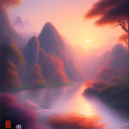 uma paisagem chinesa com rios e arvores, nascer do sol ao fundo, desenho a lapis, tons pastel, luz suave