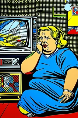 fat woman sitting on sofalistening to radio watching tv news in a room with signs of propaganda in the style of roy lichtenstein