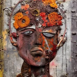 an abstract painting of rusted metal and flowers, baby boy full of love, rust, scaffolding, iron cladding, decay, mixed media, textured, anatomically correct, beautiful perfect face, sharp focus, highly detailed