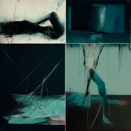 Minimal contemporary abstract oil paintings close up person limbs sinew and concrete fragments illuminated at night style of Justin Mortimer And Francis bacon