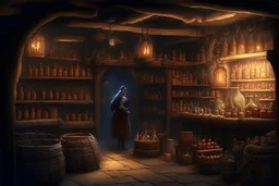 inside of a medieval shop, wooden walls, log pillars, stone bar with shop keeper behind it, magical ingredients on display and weapons on display. people, elves, goblins, orcs, dwarves and lizard folk in room. low lighting and creatures in containers. shelves half empty