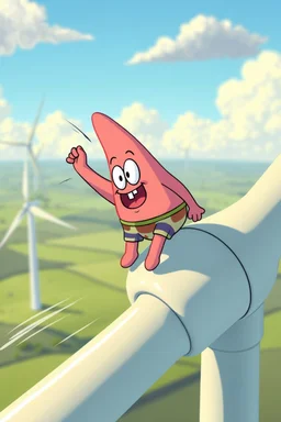 Cartoon style, Patrick (from the cartoon spongebob) sitting on the blade of a wind turbine, with speed and wind hitting him in the face, wind farm in the background