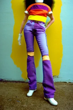 Photograph of a woman. Low waist jeans! bright blue jean,baggy, 1996!Huge plant prints on denim,terracotta,cream,purple,lilac. Cream colored latex parts. imperial yellow, red plum stripes, only on the top half of t-shirt. European daft punk woman. Mantle is sewed of recycled Denim and sewed together of recycled polymer felt. lace, Yellow(Munsell) areas. hint of orange as effect color!!Big bright purple/khaki felt tippet and cream or blue or lilac colored-hood. mantle is merged with cobalt bole