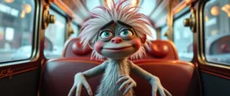 close up portrait of hairy fluffy polymer clay cute female happy worried monster with realistic human colored and textured skin, and long sleek limbs and with studio lights, on a luxury ornate neon buss, talking to his aunt