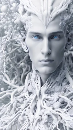 3D render ultra detailed of a handsome male DRYAD, from knee to head, biomechanical cyborg, analog, 35 mm lens, beautiful natural soft rim light, big leaves and stems, roots, fine foliage lace, colorful details, samourai, earring, heavely tattoed, intricate details, mesh wire, mandelbrot fractal, facial muscles, cable wires, microchip, badass, hyper realistic, ultra detailed, octane render, volumetric lighting, 8k post-production, red and white, detailled metalic bones, semi human