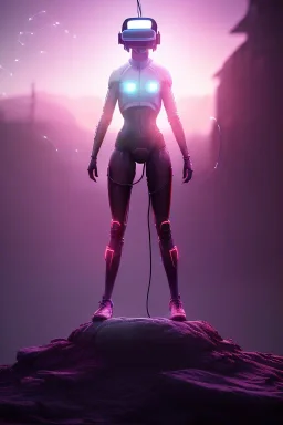 3d, si-fi hunger, girl middle stand on round glowing platform, connected by wires , vr googles, beautifully color coded, super detailed, moody lighting, volumetric lighting, night time, glowing veins, mass effect, vertical light glow