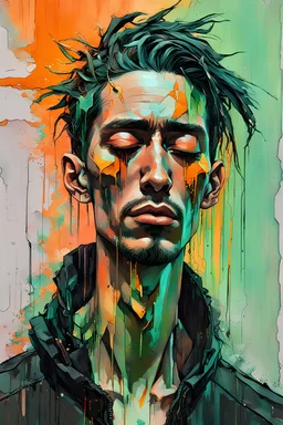 a portrait of a skinny cyberpunk man with her eyes closed and having a headache, acrylic and tint leak, front view, epic vibrant, wlop : :, raggae art, detailed heavy impasto, dull pastel faded colors of orange and green and black, wavy black streak glitches