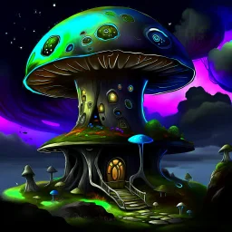 A fantabulous black, blue and green (((mushroom tower house))) erected atop a (geologic pillar), surrounded by the uncanny imaginative ((( swirling skies))), offset by the stark hues of a (neon-tinged nebulous space scape), within. captured by the hand a skilled master painter with a focus on (softly blurred compositions and voluminous lighting).