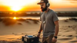 short beard man with cap, DJ play records ,full body, speakers, at beach, dunes background, sunset