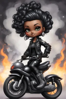 Create a digital airbrush illustration of a chibi cartoon full figure black female riding a sports motorcycle. She is wearing tie dye and black tights with biker boots. Prominent make up with log lashes and hazel eyes. Extremely highly detailed black shiny wavy hair up in a messy bun. Background of smoke surrounding her and the bike and she's at a bike show.