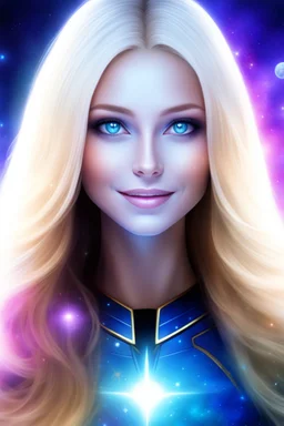 cosmic woman smile, admiral from the future, galactic confédération, fine whole face, crystalline skin, expressive blue eyes,rainbow, smiling lips, very nice smile, costume pleiadian, Beautiful tall woman pleiadian Galactic commander, ship, perfect datailed golden galactic suit, high rank, long blond hair, hand whit five perfect detailed finger, amazing big blue eyes, smilling mouth, high drfinition lips, cosmic happiness, bright colors, blue, pink, gold, jewels, realist, high,rainbows