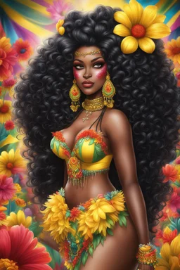 Create a digital airbrush cartoon of a curvy African American female wearing Brazilian carnaval outfit outfit that's Black, yellow, and red Prominent make up with hazel eyes. Highly detailed very long extremely curly black hair. Her skin is smooth and silky. Background eof a judge full of colorful flowers