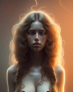 porno girl, beautiful, long hair, wavy hair, curly hair، black eyes, head and shoulders portrait, cinematic, 8k, resolution concept art portrait by Greg Rutkowski, Artgerm, WLOP, Alphonse Mucha dynamic lighting hyperdetailed intricately detailed,jewelry ,golden hour,