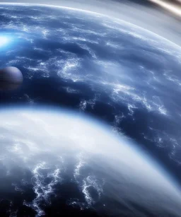 stormy, planet, shot from space, 8k, realistic, white ship flying in to land,