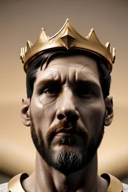 Realistic image, sculpture, white marble material with gold veins, Lionel Messi, gold laurel leaves crown, gold ornaments, Renaissance style, sun rays background, waist up portrait, epic, celestial, cinematic lighting, God lights, 4k resolution, smooth details, soft lighting, unreal engine 5, art station, substance 3d.