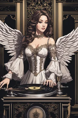 Photograph front view half body excellent realistic portrait Beautiful Angel straddle wings ,she playing music turntable ,wearing luxury Victorian gown,at club disco party