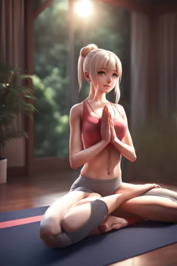 8k quality realistic image of a beautiful anime girl, doing yoga ,action, up close, 3d
