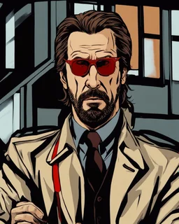 hans gruber wearing a trench coat and red sunglasses staring with a judgmental look on his face