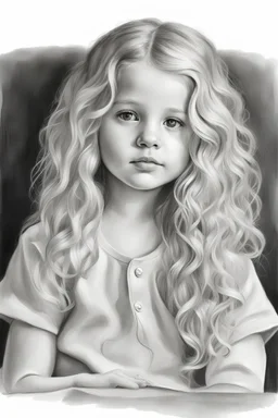 Graphite Pencil drawing, portrait of a little girl, long blonde curly hair, sketch, sketch drawing, resting her head on her hand, hash drawing, sketch style, drawing, beautiful face, perfect eyes, monochromatic, white background