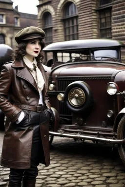 young woman with straight shoulder-length hair, dressed in brown leather trousers and waistcoat, leather gloves and a fascinator in an old industrial courtyard, next to a steampunk steam car