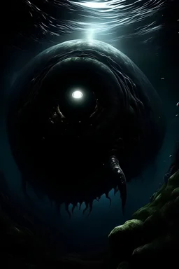 A (((disturbingly massive sea creature))) lurking in the (((ocean depths))) with its (((vast body looming around a (black hole where its eye should be))))) evoking a sense of foreboding and the unknown