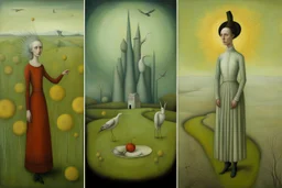 a surrealist landscape by artist "Andrea Kowch",by artist "Meret Oppenheim",by artist "Leonora Carrington"