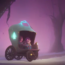 Little Boy hiding in magical carriage led by unicorns Nick Harris style