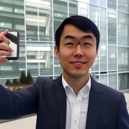 A short haired, Japanese Male MBA student from MIT Sloan taking a selfie in front of Building 92 at Microsoft in Redmond, Washington