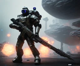 Full scale Epic Character design, strong human Male galaxy soldier wearing metal armor with glow, mist, photorealistic, octane render, unreal engine 5 style, ultra detailed, volumetric lighting, Dark Alien planet, wearing a helmet and a cape, produly holding a rifle, detailed face, detailed rifle