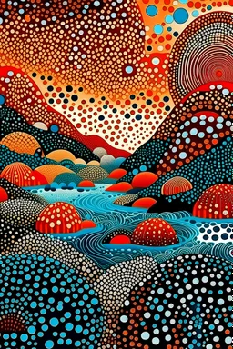 Create a surreal and abstract landscape inspired by Kusama's whimsical patterns and Magritte's thought-provoking imagery.