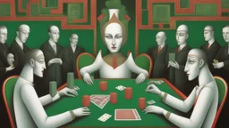 the cube-headed poker player at the green table surreal by peter mitchev, hyperrealistic