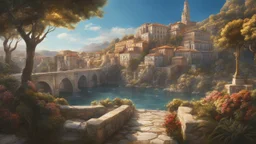 a roman town divided by a river next to the ocean. marble and gold. fantasy. cinematic lighting, hyper realisme, Hyperrealistic, splash art, concept art, mid shot, intricately detailed, color depth, dramatic, 2/3 face angle, side light, colorful background