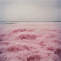 Pink sea in the 1970s, analog photography with white, damaged