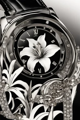 Black wristwatch Embellished with silver With a silver lily flower White background