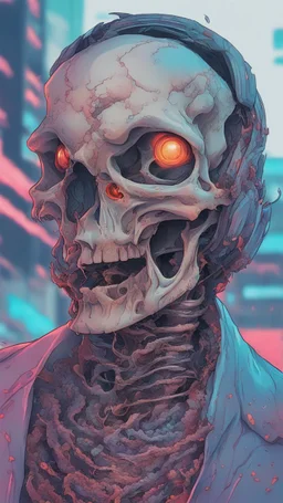 a close up of a person with a skull on their head, anime skull portrait man, scary detailed art in color, hiroyuki-mitsume takahashi, nychos art aesthetic, half man half skeleton, anime cyberpunk art, colored manga art, rossdraws pastel vibrant, hot colors. insanely detailed, beautiful anime portrait, stunning anime face portrait, scary art in color