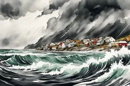 an abstract ink wash and watercolor illustration of a storm tossed, highly detailed coastal fishing village in the Lofoten Islands , with ominous storm of the century thunderheads and pounding surf , finely drawn and inked, 4k, hyper detailed and vibrantly colored