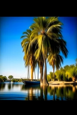 One tall date palm tree on the tigers river and on the other side of the river a sailing boat and trees , great photography, 8k , high quality. A beautiful clear blue sky in the background